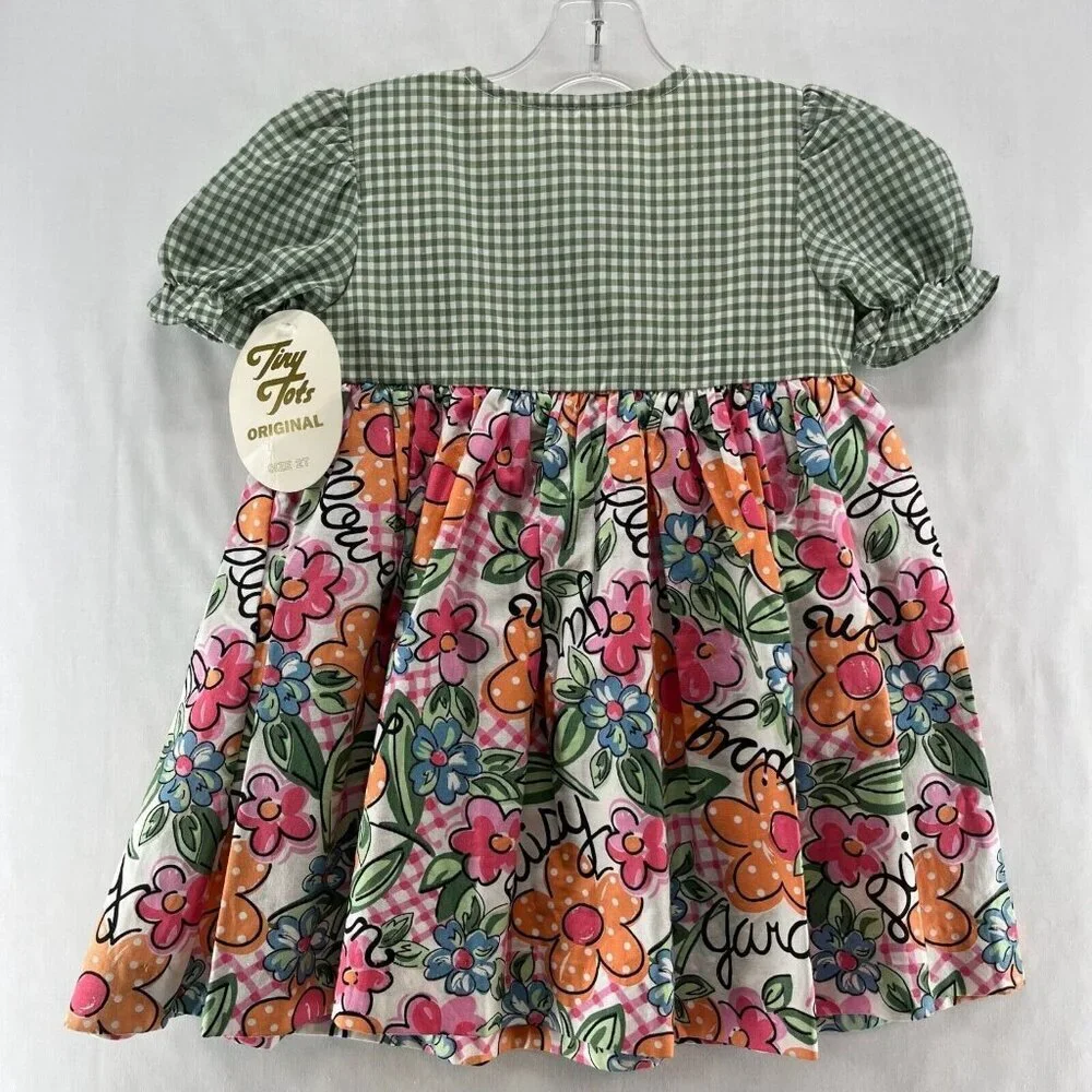 Tiny Tots Original Vintage Dress Girls Size 2T Gingham Floral Puff Sleeves Green - Picture 2 of 8